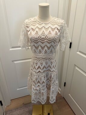 White Lace A-Line Dress with Chevron Pattern